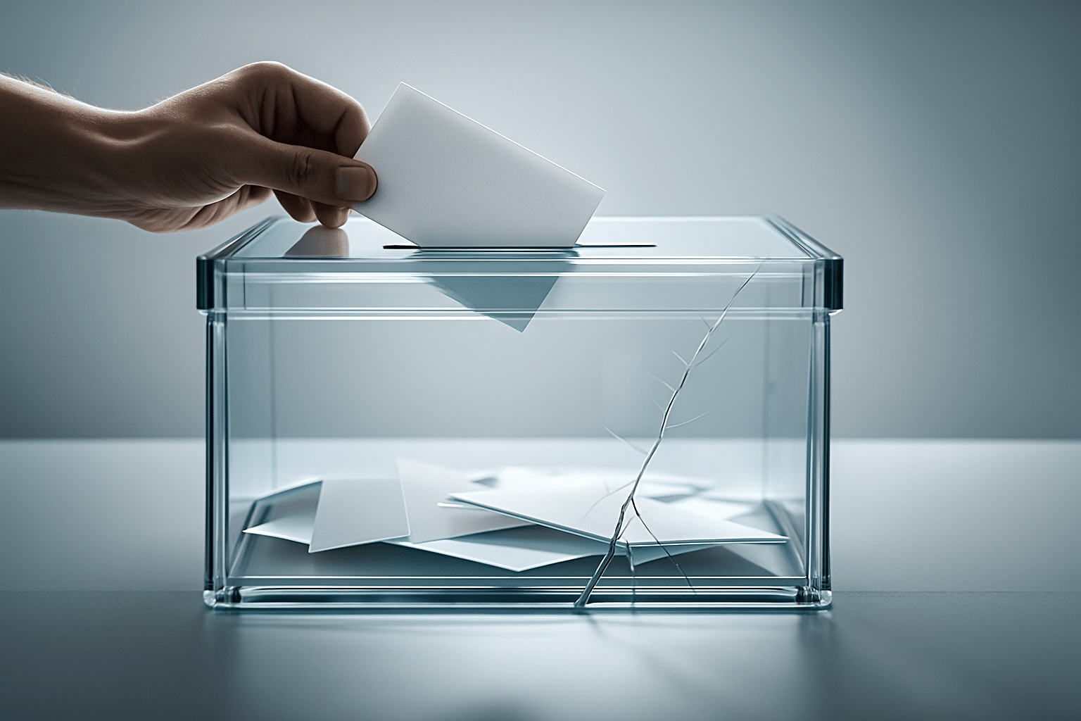 Fila de trabajadores de distintas profesiones esperando ante un edificio con el rótulo “Partido político ETT”.