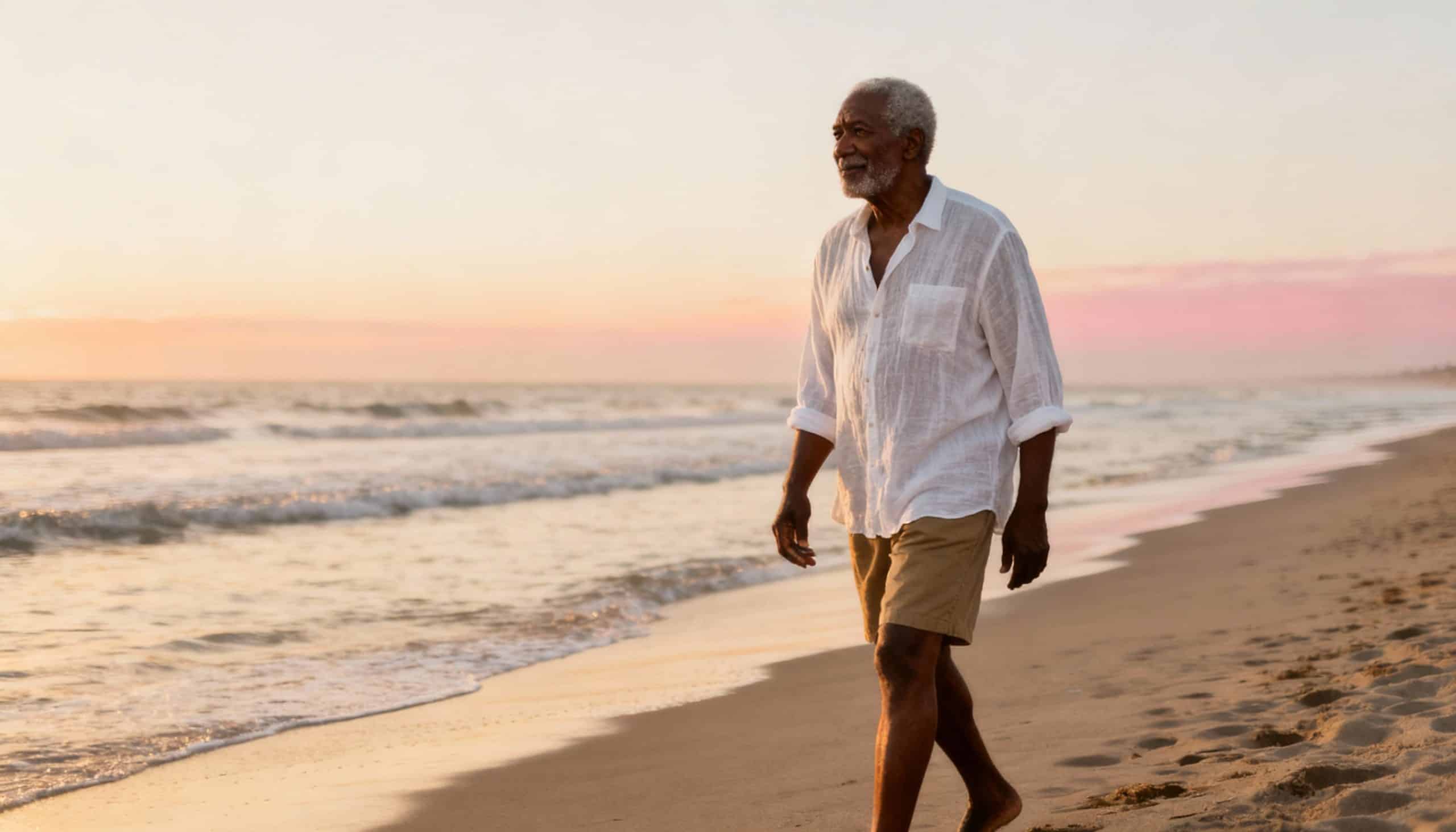 Los 5 pilares del bienestar personal 1 Persona mayor caminando por un parque al amanecer, representando la importancia del movimiento diario para mantener la independencia.