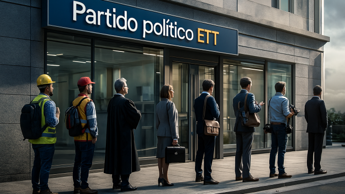 Fila de trabajadores de distintas profesiones esperando ante un edificio con el rótulo “Partido político ETT”.