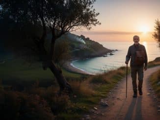 Persona mayor caminando al amanecer junto a un lago, simbolizando equilibrio, calma y una vida estable e independiente.
