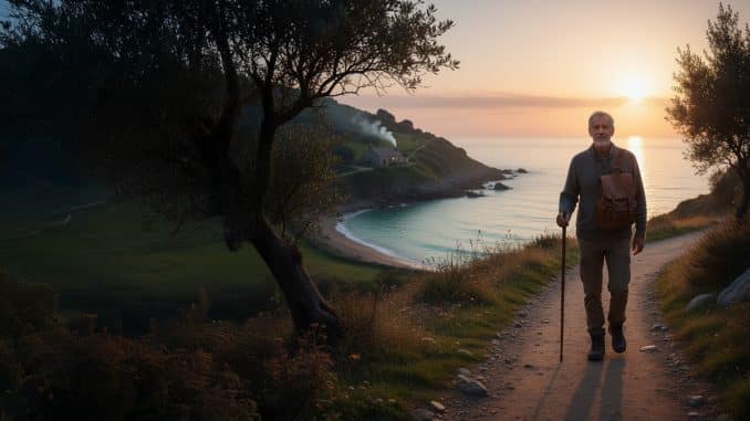 vida-estable-e-independiente Persona mayor caminando al amanecer junto a un lago, simbolizando equilibrio, calma y una vida estable e independiente.